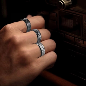 Three-piece black and silver Norse Viking Rune rings set for men in vintage stainless steel
