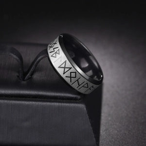 Three-piece black Viking runes ring set with silver brushed finish and Nordic engravings