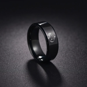 Black 8mm titanium steel ring for men featuring a laser-engraved Ace of Spades poker design