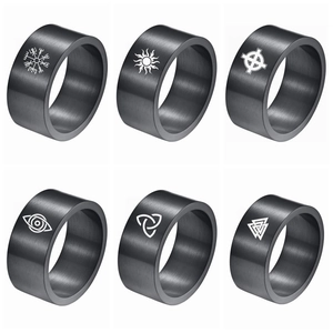 Matte black 10mm titanium rings with Viking runes and Celtic knot laser engraving