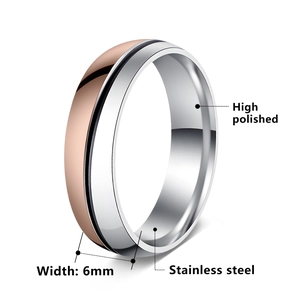Polished 6mm stainless steel band ring featuring rose gold and silver two-tone design