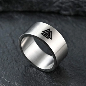 10mm brushed titanium steel ring featuring black Valknut runes and Celtic knot design