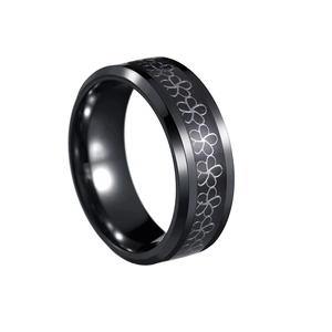 8mm black titanium steel ring featuring laser engraved floral patterns and beveled edges