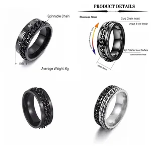 6-piece set of 8mm rotating curb chain stainless steel rings in black and silver finishes