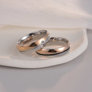 6mm two-tone titanium steel couple rings with cubic zirconia and diagonal line detail