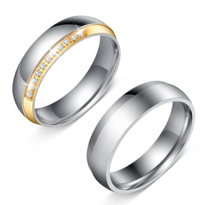 Bague de Couple Minimaliste en Acier Inoxydable Bicolore Or Argent Strass Incrusté Poli Bijoux de Mode Bague