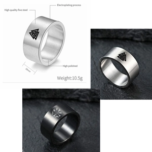 10mm brushed titanium steel ring with Viking runes and Valknut symbol engraved