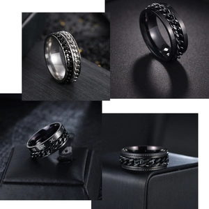 6-piece set of men's stainless steel spinner rings with rotating chains and Roman numerals