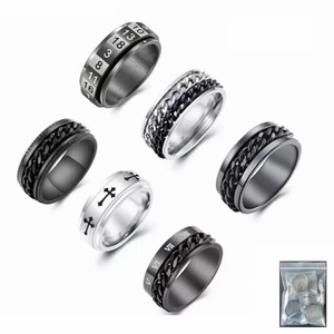 Set de 6 anillos giratorios de acero inoxidable para hombre con cadena y números