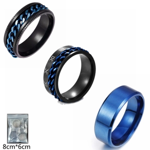 Mens titanium steel ring set with blue brushed finish and rotating chain bands