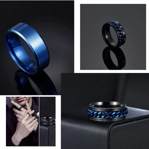 Men's titanium steel spinner ring set with black blue chain and roman numerals