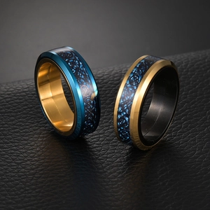 Bague rotative de 8mm pour hommes avec motif dragon en acier titane bleu et plaqué or