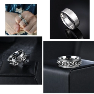 Men's titanium steel ring set featuring a rotatable chain and Roman numeral engravings