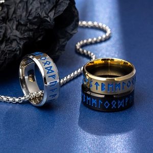 Nordic runic rings set in silver, gold and black finish with matching link chain
