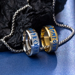 Vintage Nordic Rune rings in gold and silver finish with stainless steel box chain necklace