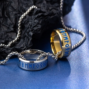 Nordic Rune stainless steel rings in gold and silver with a matching box chain pendant