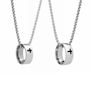 Minimalist stainless steel cross ring necklaces with bead chains on white background