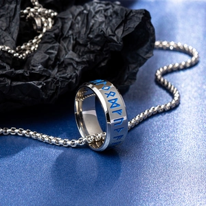 Silver Viking rune ring necklace set with blue enamel inlay and pearl chain 60cm