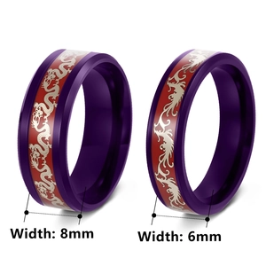 Purple dragon and phoenix couple rings in stainless steel with 6mm and 8mm widths