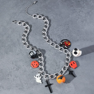 Halloween Necklace With Skull Ghost Pumpkin Cross Charms Alloy Silver Tone Thick Cuban Chain Spooky Party Jewelry