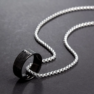 Black stainless steel ring necklace with Arabic calligraphy on silver box chain