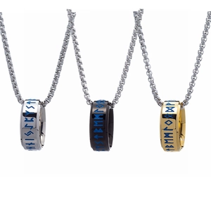Collier Pendentif Rune Viking Nordique Hommes Femmes Acier Inoxydable Alphabet Runique Huile d'Égouttement Bleue Chaîne Box