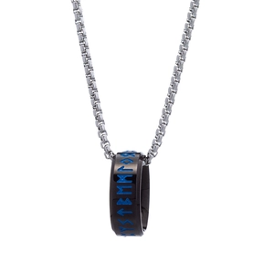Detail of black rune pendant on silver box chain showing blue Nordic engraving