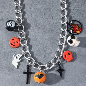 Halloween chunky silver chain necklace featuring skeleton, pumpkin and ghost charms