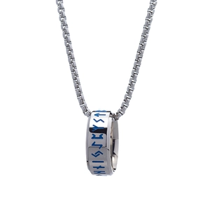 Nordic Viking rune ring necklace in silver stainless steel with blue engraving detail
