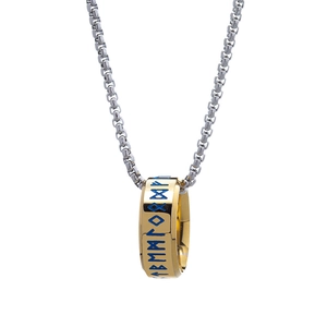 Close-up of golden cylindrical pendant with blue Nordic runes on a silver box chain