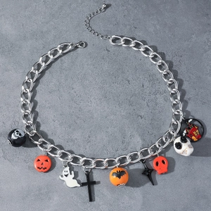 Halloween chunky silver chain necklace with pumpkin, ghost, and skull charms