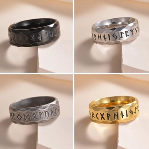 Anillo Grabado con Runas de Acero Inoxidable Vintage para Hombres Anillo de Banda de Runa Nórdica Martillada Facetada Geométrica Joyería de Vikingo Retro Punk Regalo