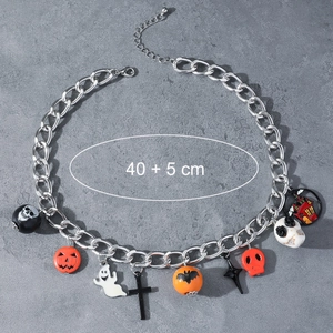 Halloween necklace with pumpkin, ghost, and skull charms on a silver chain, 40+5 cm length