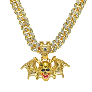 Men Hip Hop Bat Skull Pendant Necklace Zinc Alloy Pave Rhinestone Cuban Link Chain Halloween Gothic Jewelry Gold Silver