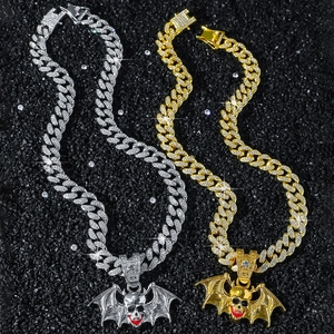 Hip hop bat skull pendant necklaces with iced out cuban links in gold and silver