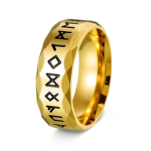 Anillo de runas vikingas dorado de acero inoxidable con diseño tallado y grabados