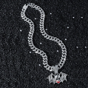Hip hop bat skull pendant necklace with cuban chain and sparkling clear zircons