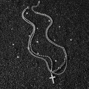 Collier en Acier Inoxydable à Double Couche Avec Pendentif Croix Chaîne Cubaine Argent Bijoux Minimalistes pour Hommes Femmes