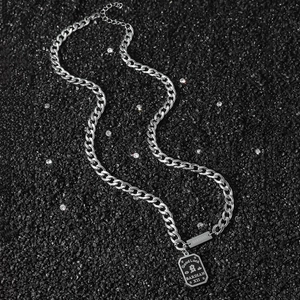 Trendy Stainless Steel Square Pendant Necklace For Men Women Roman Numerals Good Luck Engraved Cuban Link Chain Fashion Jewelry