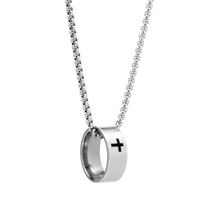 Detailed close-up of polished silver cross ring pendant on a steel box chain necklace
