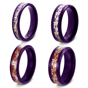 Purple and red titanium steel rings with dragon patterns shown in four multi-angle views