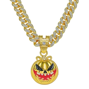 Hip Hop Halloween Kürbis Totenkopf Anhänger Halskette Für Herren Vereist Zinklegierung Strass Panzerkette Schmuck