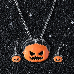 Parure de bijoux Halloween avec citrouille et ailes de chauve-souris, collier et boucles
