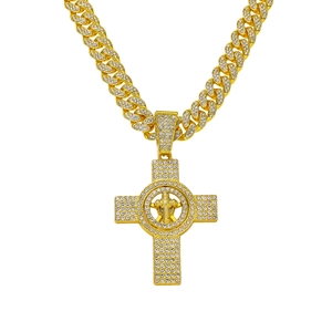 Men's hip-hop gold plated Cuban link necklace with iced out rotating cross pendant