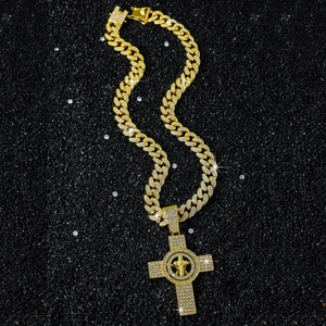 Hip Hop Iced Out Spinning Cross Pendant Necklace Zinc Alloy Rhinestone Cuban Link Chain Men Jewelry Gold Silver