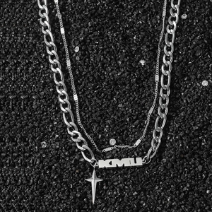 Collana da uomo a doppio strato in argento con placca KMLU e ciondolo a forma di stella