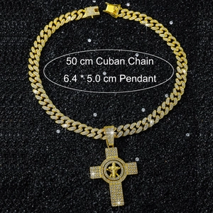 Detail showing 50 cm golden Cuban chain with 6.4x5 cm iced-out cross pendant