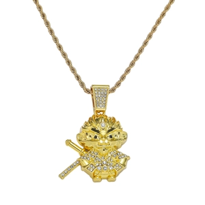 Iced Out Rhinestone Wukong Monkey King Pendant Necklace Alloy Stainless Steel Rope Chain Hip Hop Jewelry Men Women