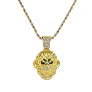 Collier Pendentif Visage de Singe en Alliage Hip Hop avec Strass Chaîne de Corde en Acier Inoxydable Bijoux Unisexe Or Argent