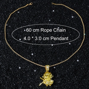 Detail shot of Sun Wukong pendant with iced-out crystals and 60cm gold rope chain